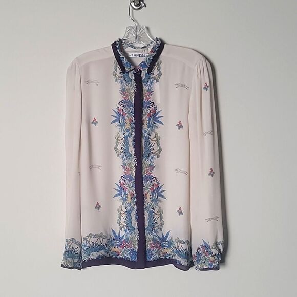 NWT Jeunesse XS Retro Printed Silk Button Front Top Blouse Modest Long Sleeve - Picture 2 of 16